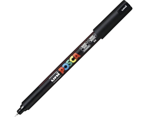 Marker Uni POSCA cu cerneală neagră și vârf fin pentru proiecte creative pe diverse suprafețe.