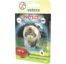 Zgardă antiparazitară pentru pisici vetexx PROTECT, imagine cu o pisică protejată împotriva căpușelor, puricilor și țânțarilor, vetexx Logo.