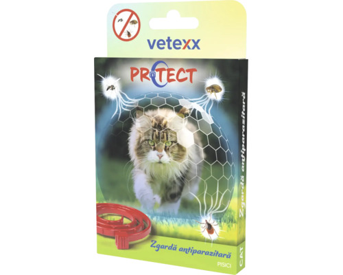 Zgardă antiparazitară pentru pisici vetexx PROTECT, imagine cu o pisică protejată împotriva căpușelor, puricilor și țânțarilor, vetexx Logo.