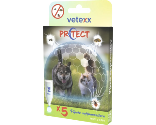 Pipete antiparazitare vetexx PROTECT pentru câini și pisici, 5 bucăți a câte 1 mililitru.