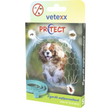 Vetexx Logo. Zgardă antiparazitară Vetexx Protect pentru câini de talie mică, ambalaj ilustrând un câine protejat de căpușe și purici.
