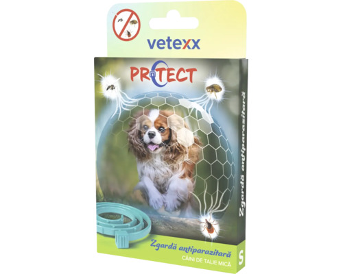 Vetexx Logo. Zgardă antiparazitară Vetexx Protect pentru câini de talie mică, ambalaj ilustrând un câine protejat de căpușe și purici.