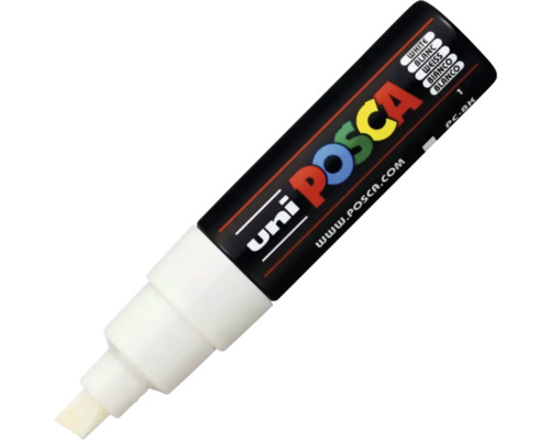 Marker Uni POSCA PC-8K alb cu vârf lat tip daltă pentru diverse suprafețe.