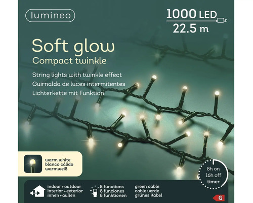 Instalație de lumini cu LED Lumineo Soft Glow Compact Twinkle, 1000 LED-uri, 22,5 metri, alb cald, 8 funcții, temporizator, pentru interior și exterior.