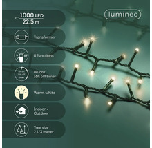 Infografic pentru ghirlandă Lumineo cu 1000 LED-uri alb cald, lungime 22,5 metri, transformator, 8 funcții, temporizator și utilizare în exterior.