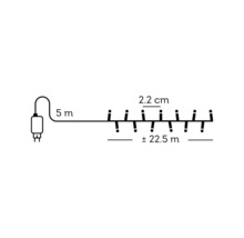 Desen tehnic al unei ghirlande luminoase cu 5 metri cablu alimentare, distanță de 2,2 centimetri și lungime de plus minus 22,5 metri