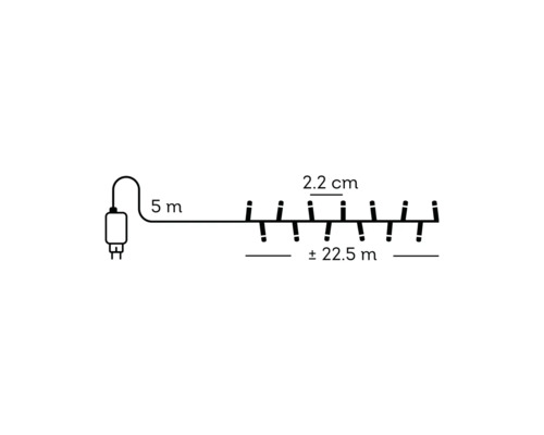 Desen tehnic al unei ghirlande luminoase cu 5 metri cablu alimentare, distanță de 2,2 centimetri și lungime de plus minus 22,5 metri