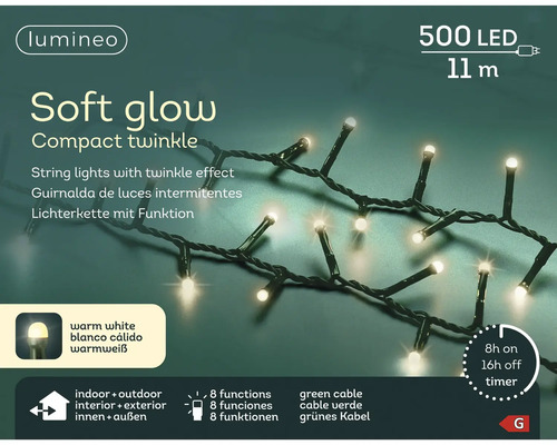 Ghirlandă luminoasă LED Lumineo Soft Glow Compact Twinkle, 500 LED-uri alb cald, 11 metri, cablu verde, 8 funcții, temporizator, interior și exterior.