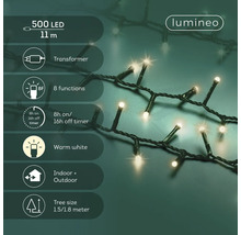 Lumineo Logo. Instalație 500 LED-uri alb cald, 11 metri. Cu transformator, 8 funcții, temporizator, interior și exterior. Pom 1,5 până la 1,8 metri.