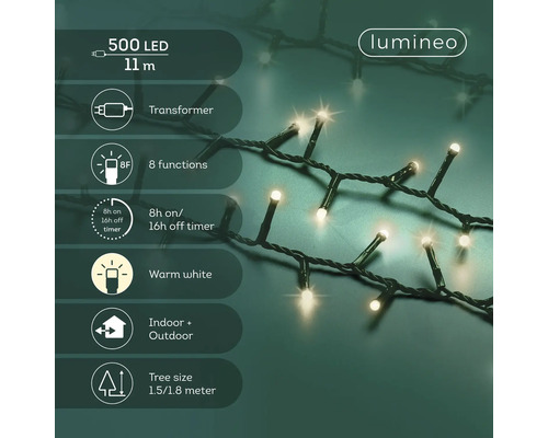 Lumineo Logo. Instalație 500 LED-uri alb cald, 11 metri. Cu transformator, 8 funcții, temporizator, interior și exterior. Pom 1,5 până la 1,8 metri.