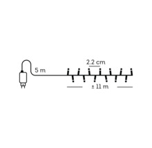 Desen tehnic ghirlandă luminoasă cu cablu de 5 metri, lungime iluminată aproximativ 11 metri și distanță între becuri de 2,2 centimetri.