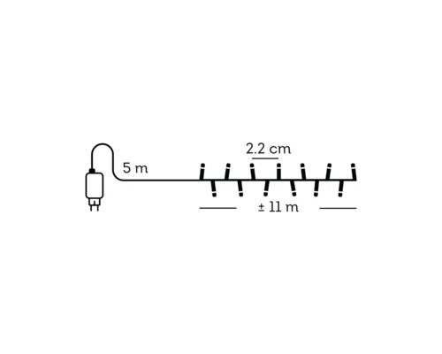 Desen tehnic ghirlandă luminoasă cu cablu de 5 metri, lungime iluminată aproximativ 11 metri și distanță între becuri de 2,2 centimetri.