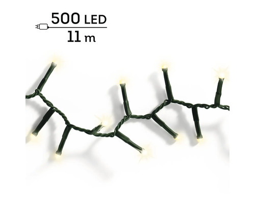 Ghirlandă luminoasă LED cu 500 de lumini alb cald, lungime 11 metri, cu cablu verde.