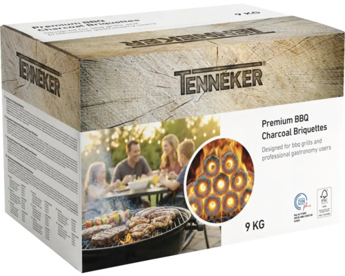 Brichete din cărbune pentru grătar Tenneker Premium 9 kilograme pentru grătare și gastronomie cu certificare DIN plus și FSC.
