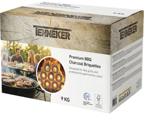 Brichete de grătar premium Tenneker, pachet de 9 kilograme, cu Tenneker Logo, certificare FSC și marcaj de calitate DIN plus.