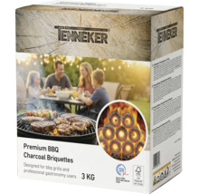 Brichete Tenneker Premium, pachet 3 kilograme cu Tenneker Logo. Prezintă o familie la grătar și brichete incandescente. Simboluri DIN plus și FSC.