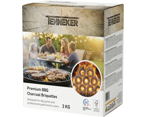 Brichete Tenneker Premium, pachet 3 kilograme cu Tenneker Logo. Prezintă o familie la grătar și brichete incandescente. Simboluri DIN plus și FSC.