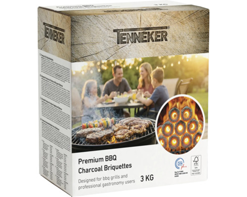 Brichete de cărbune Tenneker Premium, pachet 3 kilograme cu Tenneker Logo, sigilii DIN plus și FSC și imaginea unei familii la grătar.
