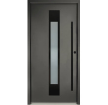 Ușă de intrare antracit cu inserție verticală de sticlă și mâner bară negru.