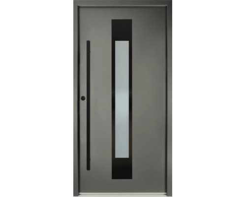 Ușă de intrare modernă de culoare antracit, cu inserție verticală de sticlă și mâner negru tip bară.