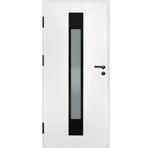Ușă de interior albă cu bandă verticală neagră, decupaj cu sticlă mată, clanță neagră și balamale negre.