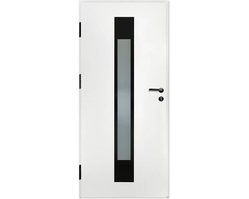 Ușă de interior albă cu bandă verticală neagră, decupaj cu sticlă mată, clanță neagră și balamale negre.