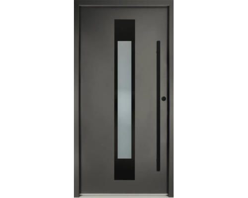 Ușă de intrare modernă în culoarea antracit cu inserție verticală din sticlă mată și mâner lung tip bară.