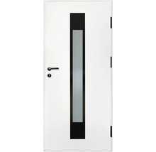 Ușă de interior albă cu decupaj vertical din sticlă mată înrămat în negru, mâner negru și balamale negre.