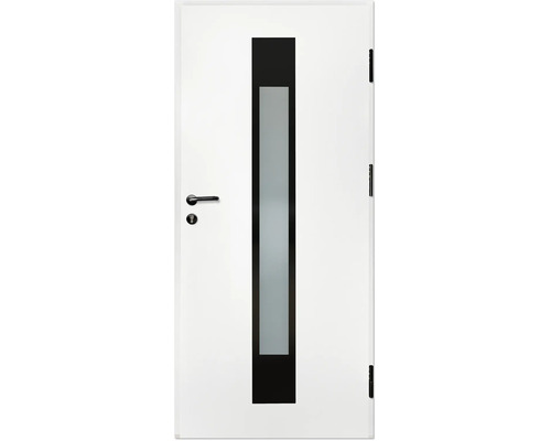 Ușă de interior albă cu decupaj vertical din sticlă mată înrămat în negru, mâner negru și balamale negre.