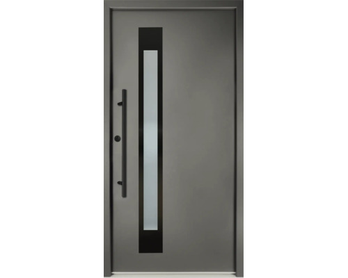 Ușă de intrare modernă din aluminiu gri cu geam satinat vertical și mâner lung de tip bară.