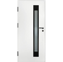 Ușă de interior albă cu geam vertical din sticlă mată, ramă neagră, mâner negru și balamale negre.