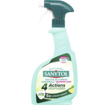 Soluție de curățat universală dezinfectantă Sanytol, 4 acțiuni cu parfum de lămâie verde în flacon cu pulverizator din plastic.