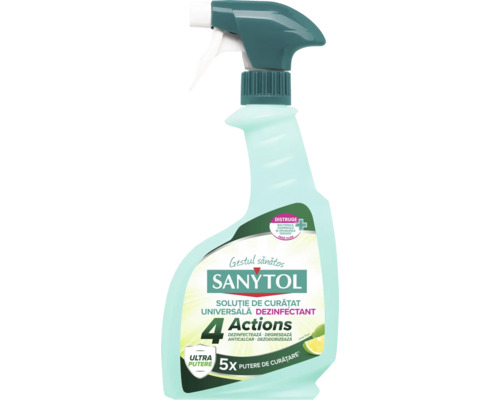 Soluție de curățat universală dezinfectantă Sanytol, 4 acțiuni cu parfum de lămâie verde în flacon cu pulverizator din plastic.