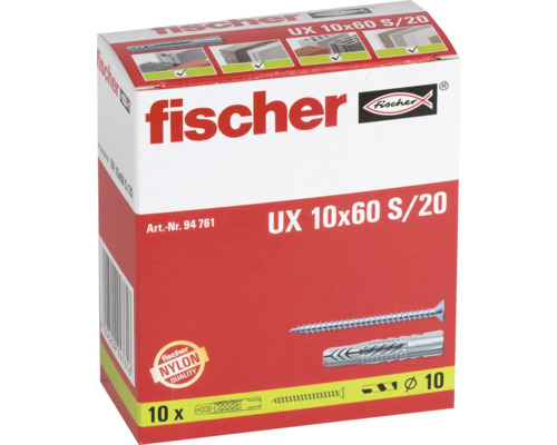 Diblu universal fischer UX 10 pe 60 S pentru 20 cu șurub din nailon de înaltă calitate, pachet de 10 bucăți. Logo fischer.