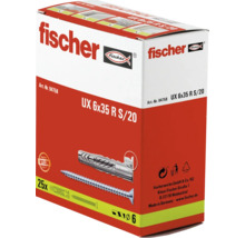 Diblu universal Fischer UX 6 pe 35 milimetri cu guler și șurub, pachet de 25 de bucăți, din nailon.