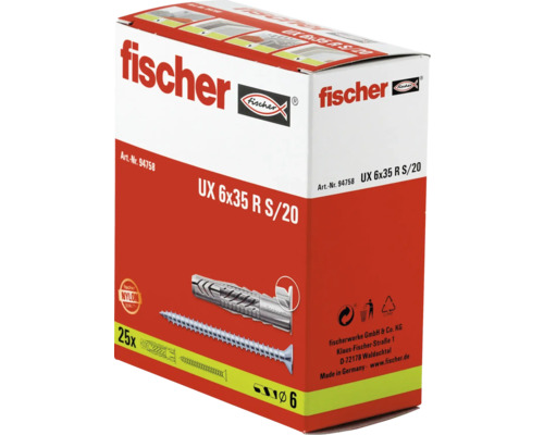 Diblu universal Fischer UX 6 pe 35 milimetri cu guler și șurub, pachet de 25 de bucăți, din nailon.