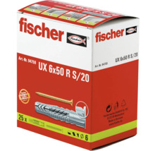Diblu universal fischer UX 6 pe 50 R S cu șurub, pachet de 25 bucăți din nailon de înaltă calitate.