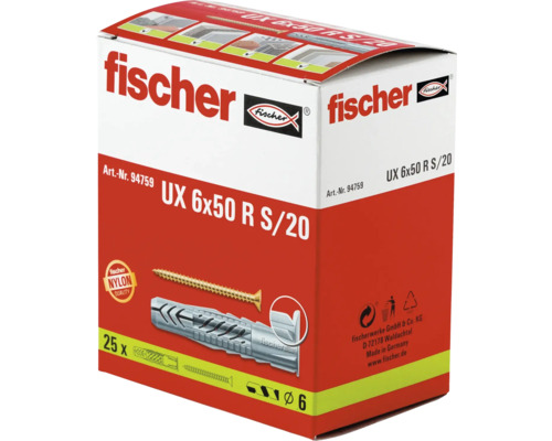 Diblu universal fischer UX 6 pe 50 R S cu șurub, pachet de 25 bucăți din nailon de înaltă calitate.