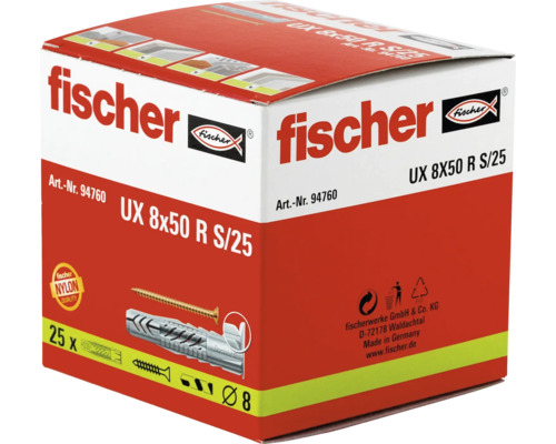 Diblu universal Fischer UX 8 pe 50 R S cu șuruburi, pachet de 25 bucăți, nailon.