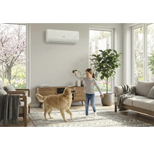 Cameră de zi luminoasă cu aer condiționat Ferroli pe perete, o fată se joacă cu un câine, mobilier modern și ferestre mari.