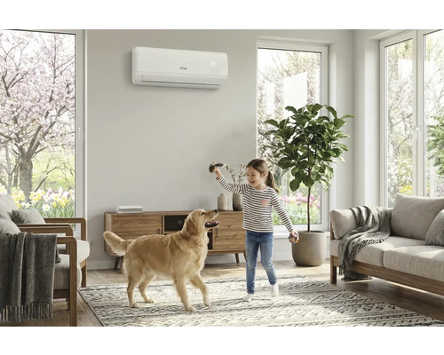Cameră de zi luminoasă cu aer condiționat Ferroli pe perete, o fată se joacă cu un câine, mobilier modern și ferestre mari.