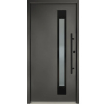 Ușă de intrare modernă de culoare antracit, cu decupaj îngust pentru lumină și mâner bară lung, negru.