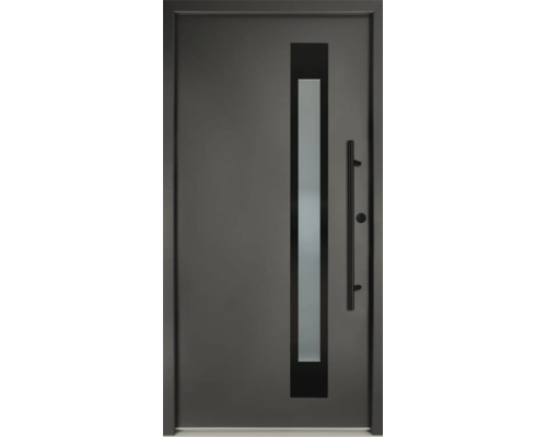 Ușă de intrare modernă de culoare antracit, cu decupaj îngust pentru lumină și mâner bară lung, negru.