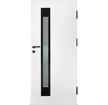 Ușă de interior albă modernă cu decupaj vertical din sticlă mată și feronerie neagră.