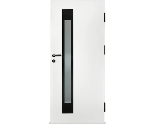 Ușă de interior albă modernă cu decupaj vertical din sticlă mată și feronerie neagră.