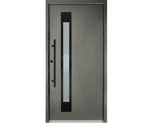 Ușă de intrare modernă antracit cu geam vertical, mâner negru și toc.