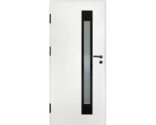 Ușă albă cu inserție verticală din sticlă mată, bandă decorativă neagră și mâner negru.
