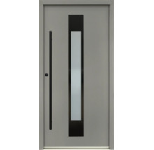 Ușă de intrare modernă gri cu mâner tip bară negru și inserție verticală din sticlă.