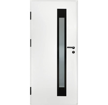 Ușă de interior albă cu geam vertical mat, ramă neagră în jurul geamului și clanță neagră.