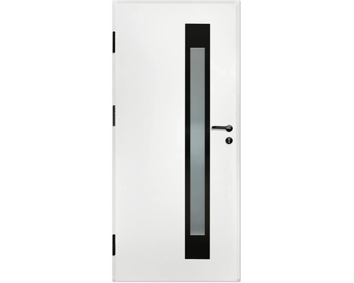 Ușă de interior albă cu geam vertical mat, ramă neagră în jurul geamului și clanță neagră.